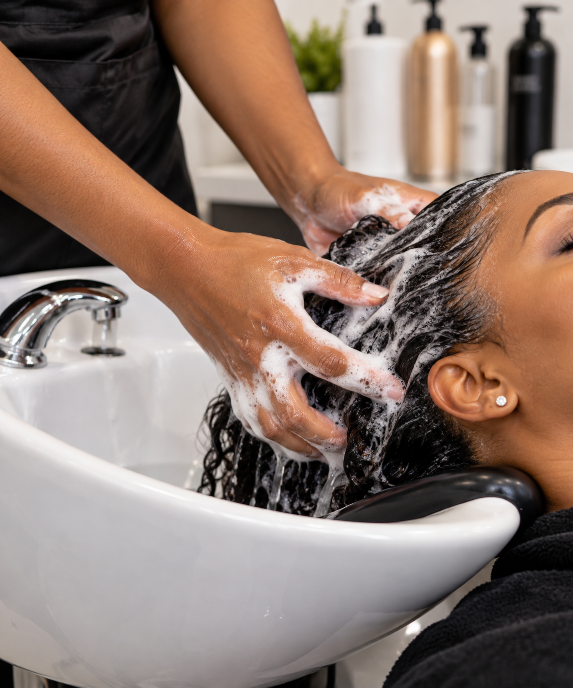 Relaxing professional scalp treatment at the shampoo bowl