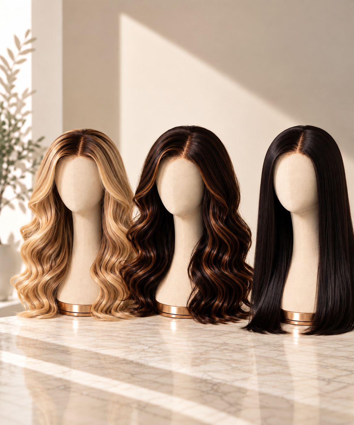Three styled wigs displayed on mannequin heads