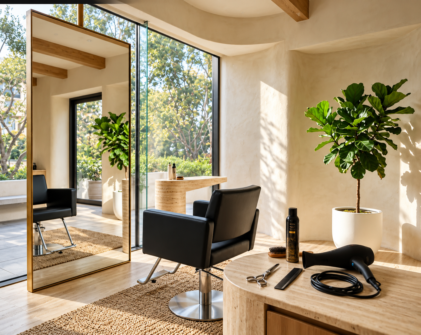 Kosmo Beauty salon: styling chair, mirror and sunlight-filled styling station